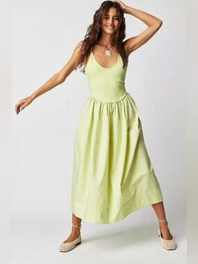 NWOT Free People Dylan Midi Dress "Lightning Bolt" Green